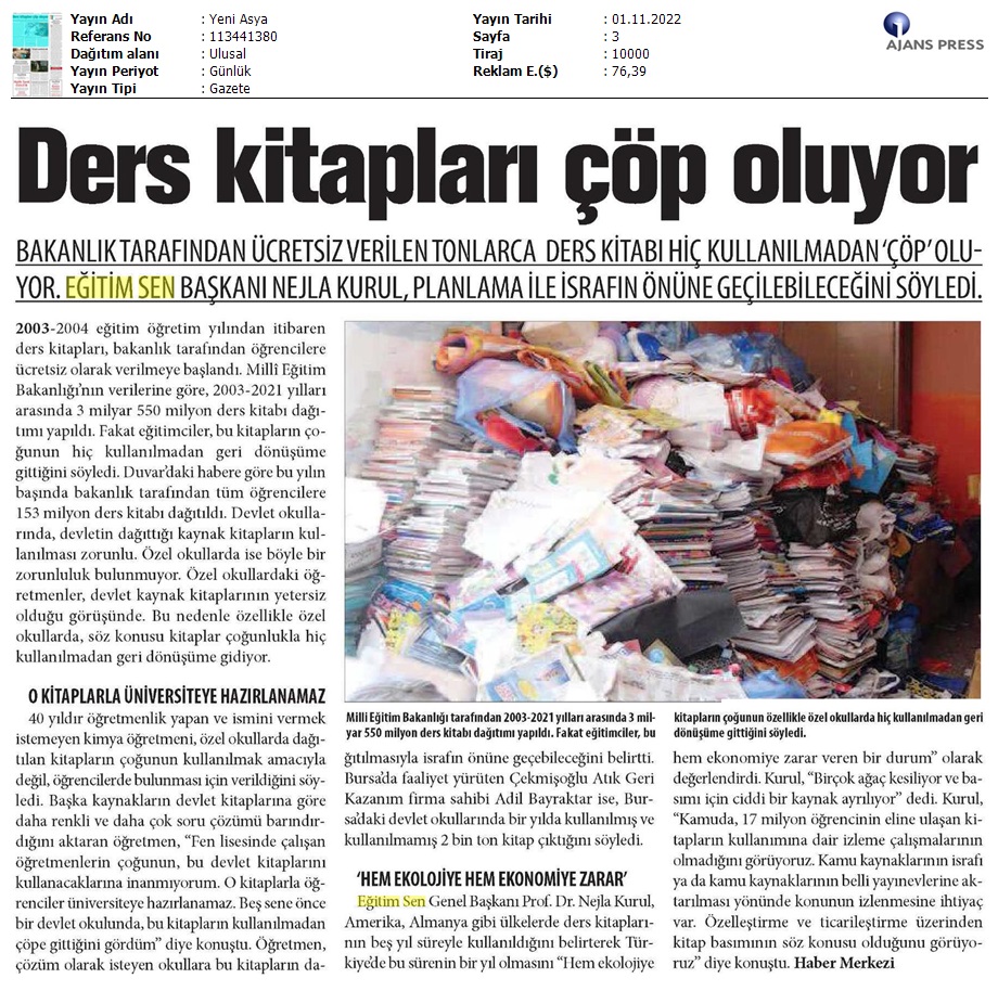 Ders Kitapları Çöp Oluyor / Yeni Asya