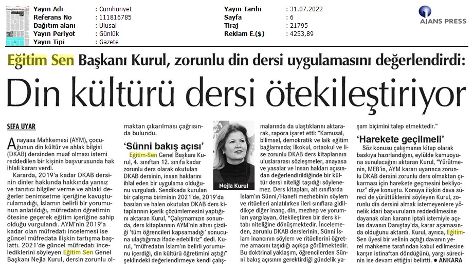 Din Kültürü Dersi Ötekileştiriyor / Cumhuriyet