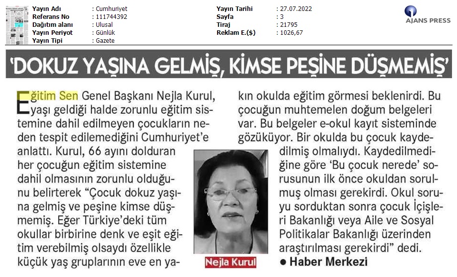 "Dokuz Yaşına Gelmiş, Kimse Peşine Düşmemiş" / Cumhuriyet