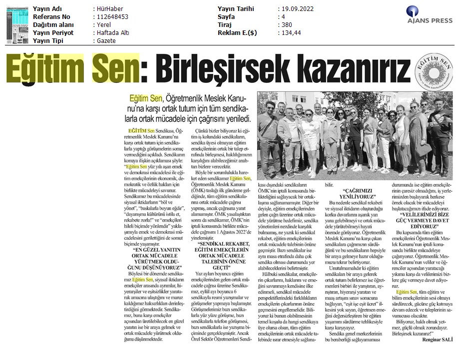 Eğitim Sen: Birleşirsek Kazanırız / Hür Haber