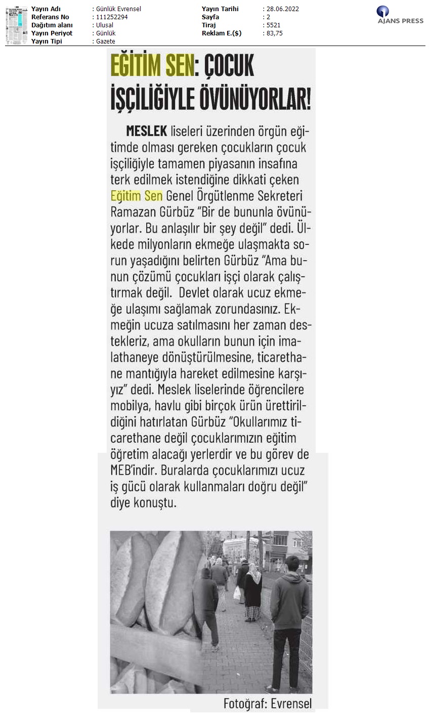 Eğitim Sen: Çocuk İşçiliğiyle Övünüyorlar / Evrensel