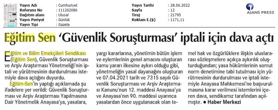 Eğitim Sen 'Güvenlik Soruşturması' İptali İçin Dava Açtı / Cumhuriyet