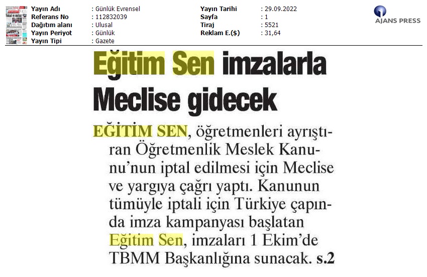 Eğitim Sen İmzalarla Meclis'e Gidecek / Evrensel