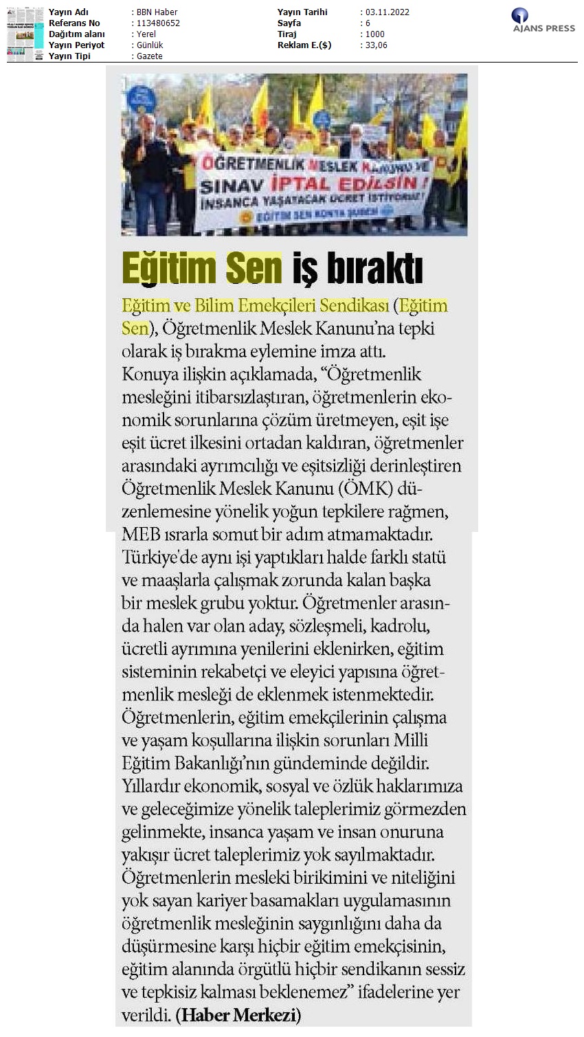 Eğitim Sen İş Bıraktı / BBN Haber