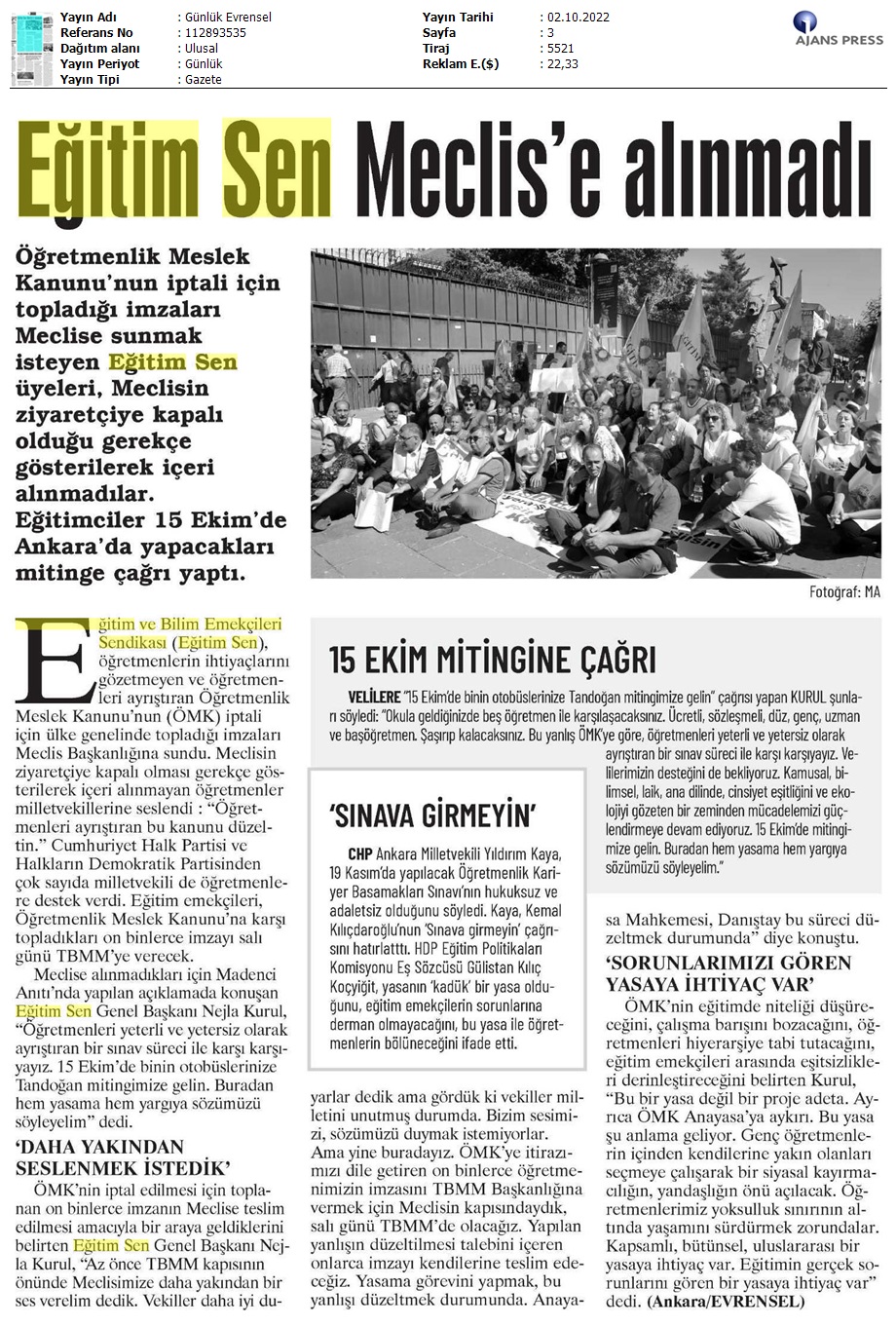 Eğitim Sen Meclis'e Alınmadı / Evrensel