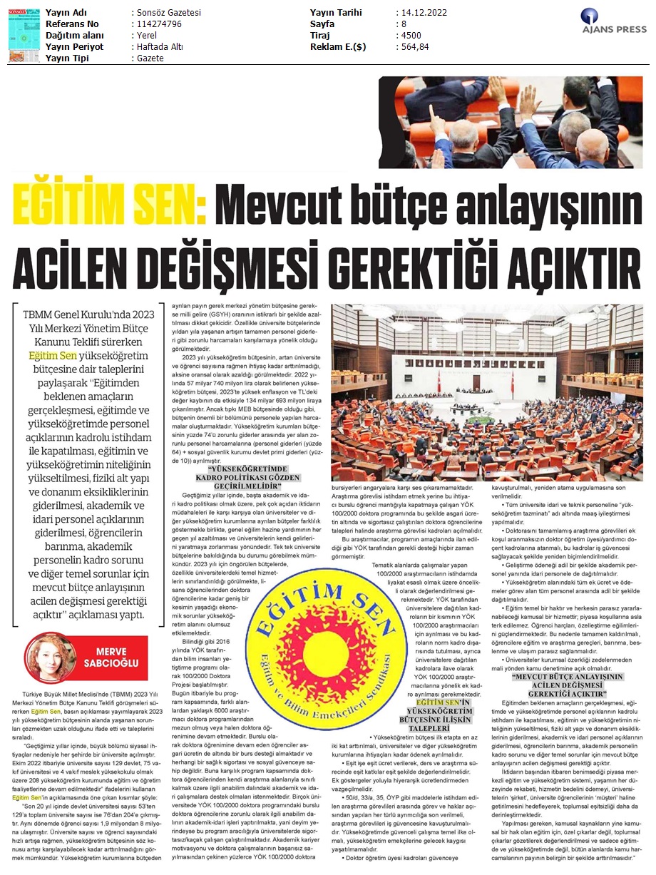 Eğitim Sen: Mevcut Bütçe Anlayışının Acilen Değişmesi Gerektiği Açıktır / Sonsöz Gazetesi