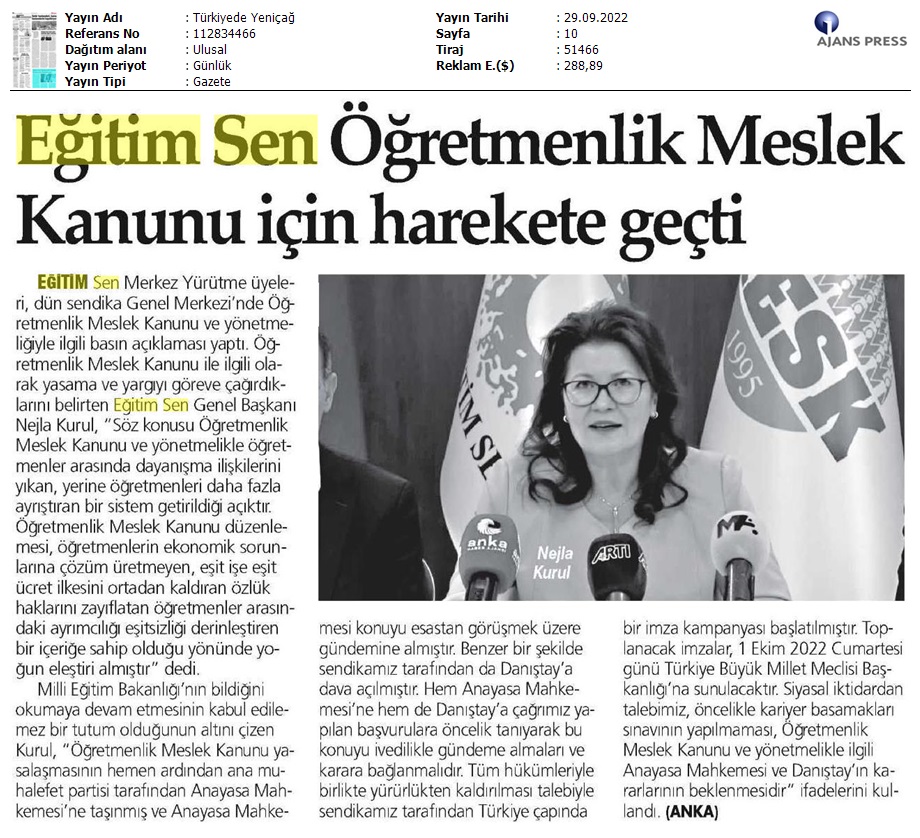 Eğitim Sen Öğretmenlik Meslek Kanunu İçin Harekete Geçti / Türkiye'de Yeniçağ