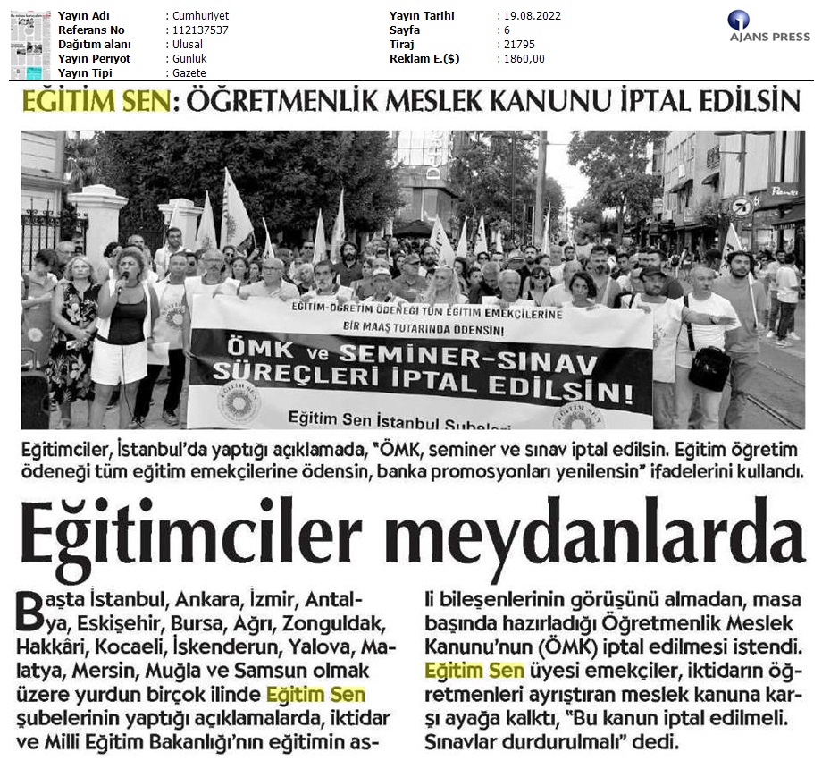 Eğitim Sen: Öğretmenlik Meslek Kanunu İptal Edilsin / Cumhuriyet