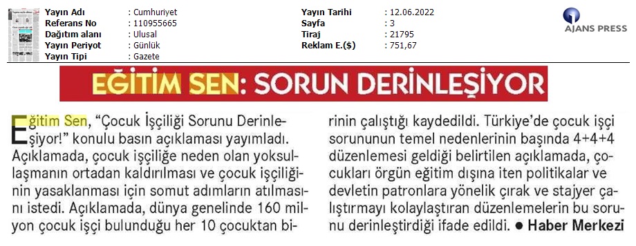 Eğitim Sen: Sorun Derinleşiyor / Cumhuriyet