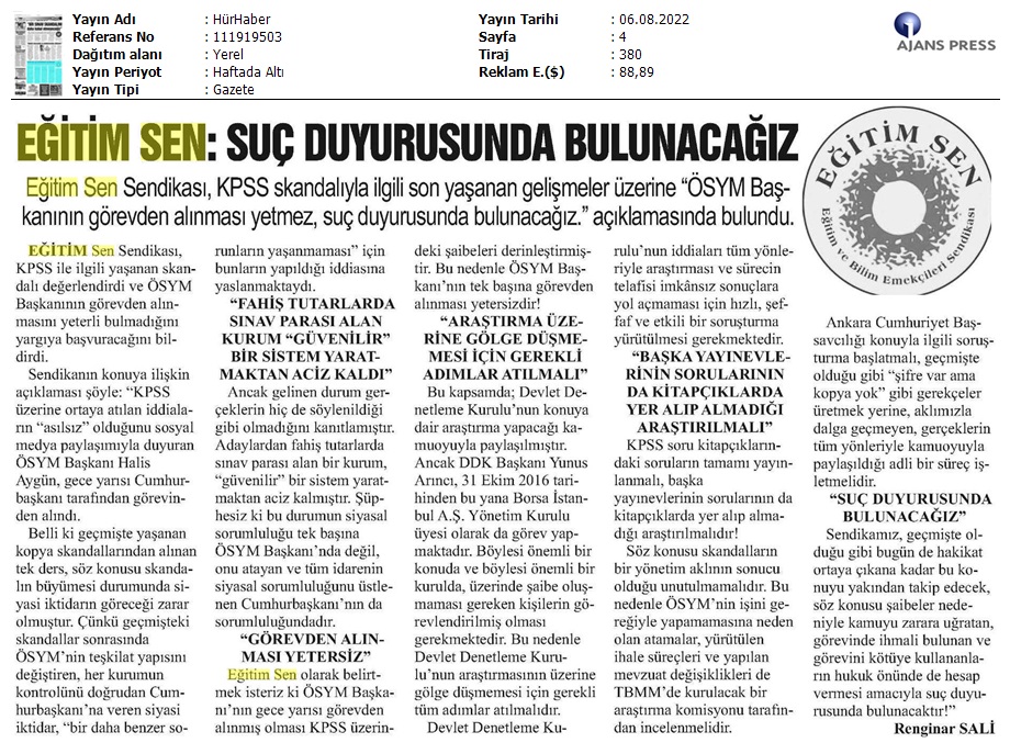 Eğitim Sen: Suç Duyurusunda Bulunacağız / Hür Haber