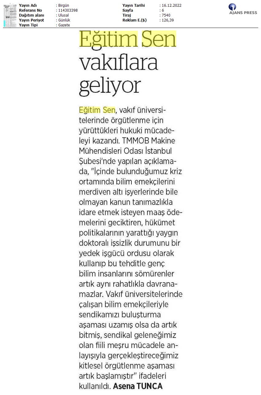 Eğitim Sen, Vakıf Üniversitelerine Geliyor / BirGün