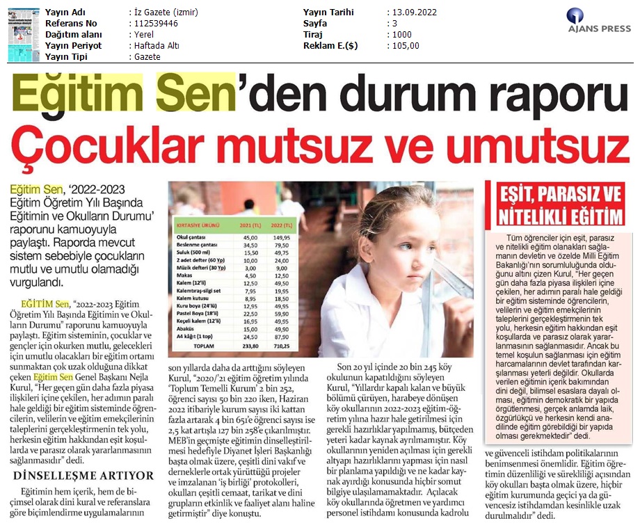Eğitim Sen'den Durum Raporu: Çocuklar Mutsuz ve Umutsuz / İz Gazete