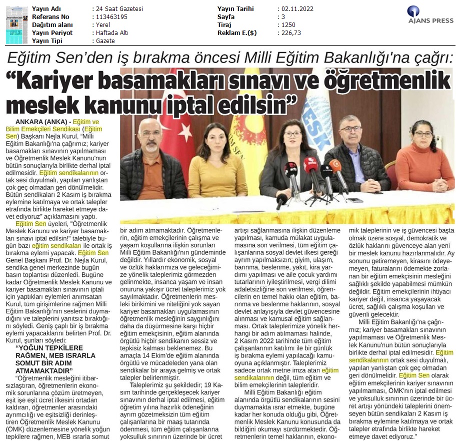 Eğitim Sen'den İş Öncesi MEB'e Çağrı / 24 Saat Gazetesi