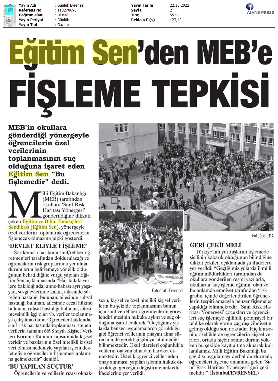 Eğitim Sen'den MEB'e Fişleme Tepkisi / Evrensel