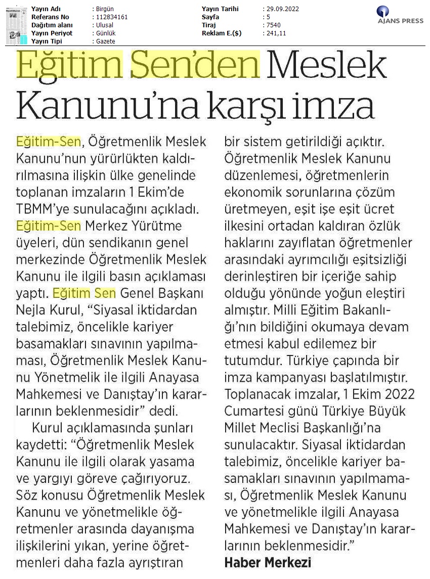 Eğitim Sen'den Meslek Kanunu'na Karşı İmza / BirGün