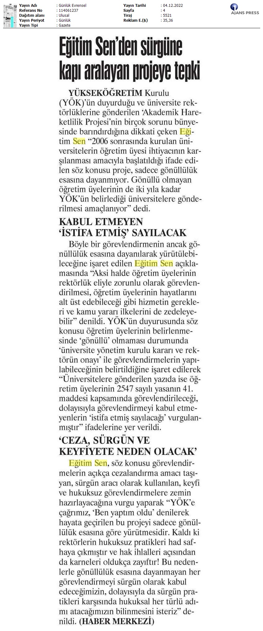 Eğitim Sen'den Sürgüne Kapı Aralayan Projeye Tepki / Evrensel