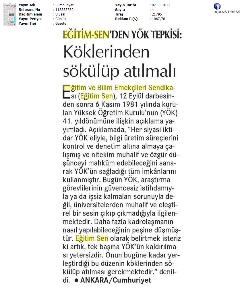 Eğitim Sen'den YÖK Tepkisi: Köklerinden Sökülüp Atılmalı / Cumhuriyet