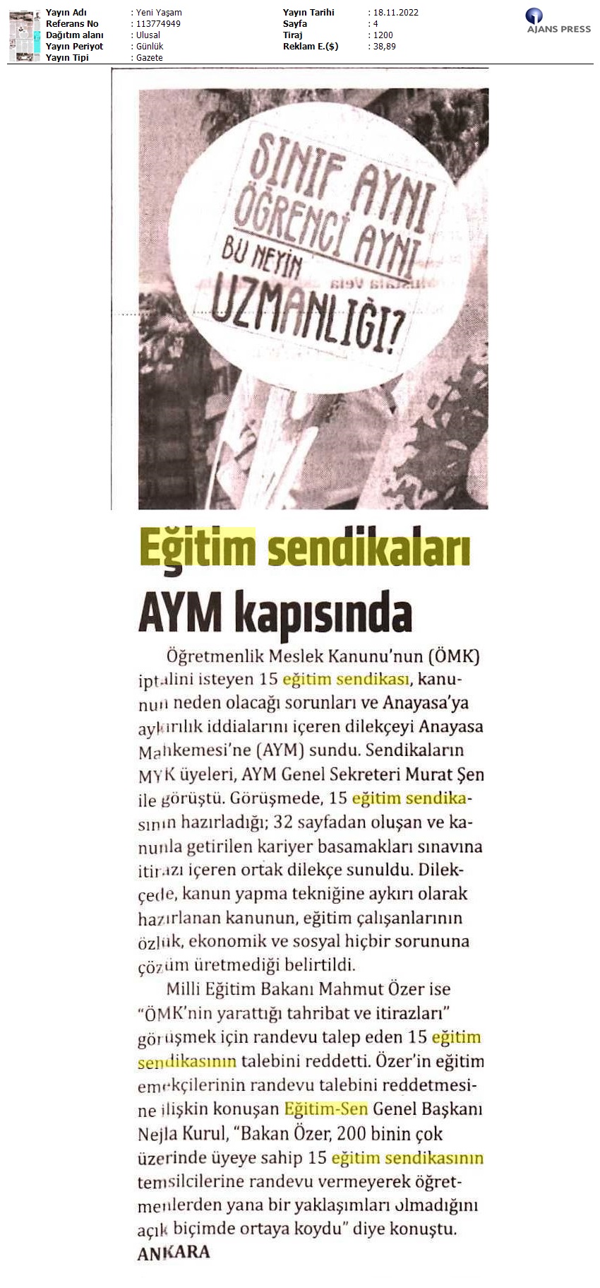 Eğitim Sendikaları AYM Kapısında / Yeni Yaşam