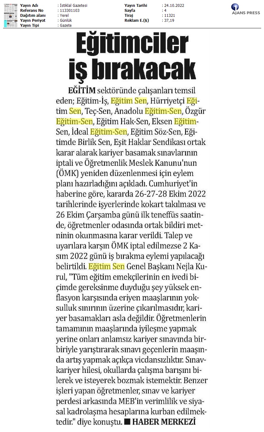 Eğitimciler İş Bırakacak / İstiklal Gazetesi