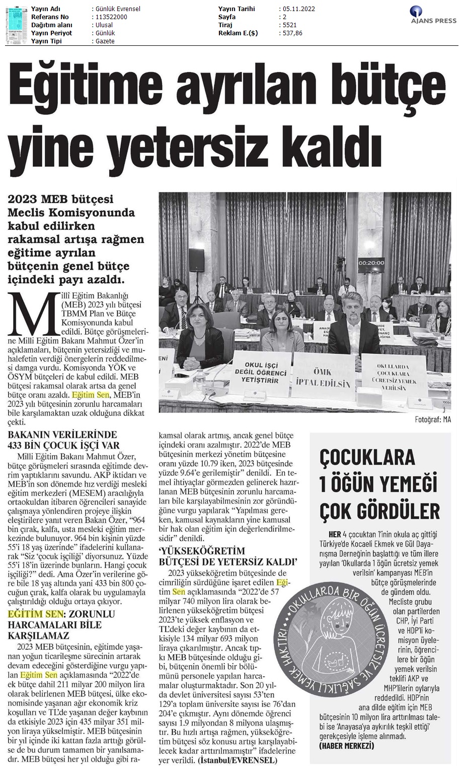 Eğitime Ayrılan Bütçe Yine Yetersiz Kaldı / Evrensel