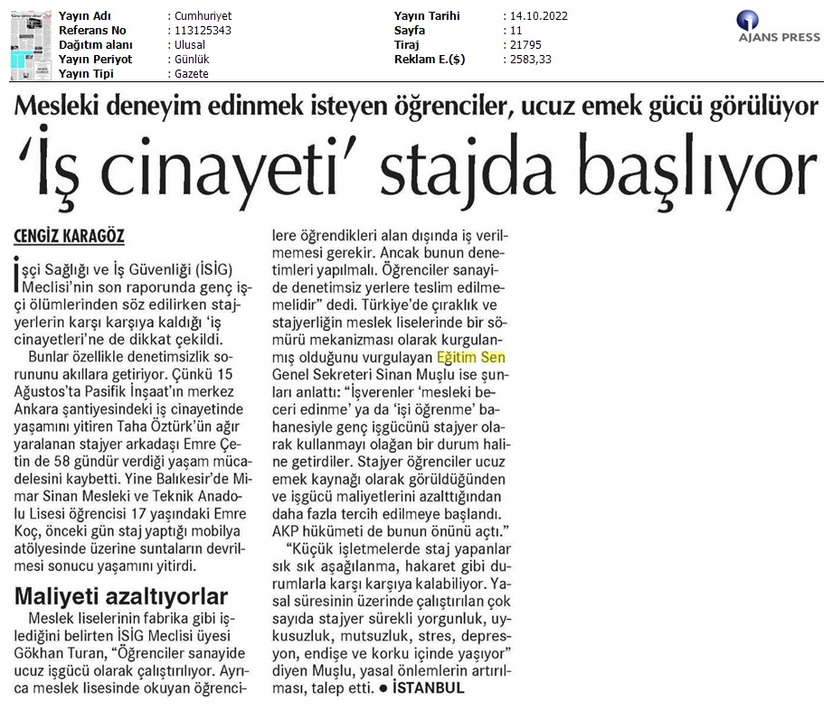'İş Cinayeti' Stajda Başlıyor / Cumhuriyet