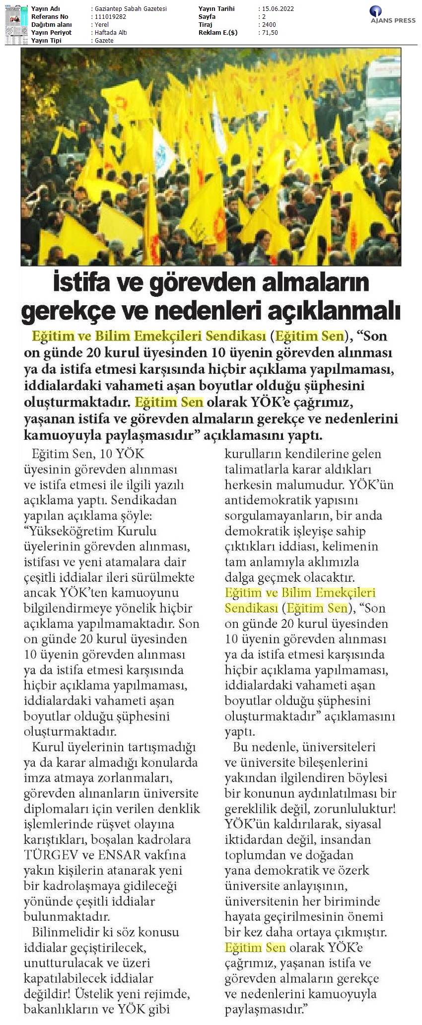 İstifa ve Görevden Almaların Gerekçe ve Nedenleri Açıklanmalı / Gaziantep Sabah Gazetesi