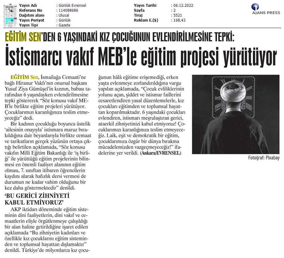 "İstismarcı Vakıf MEB'le Eğitim Projesi Yürütüyor" / Evrensel