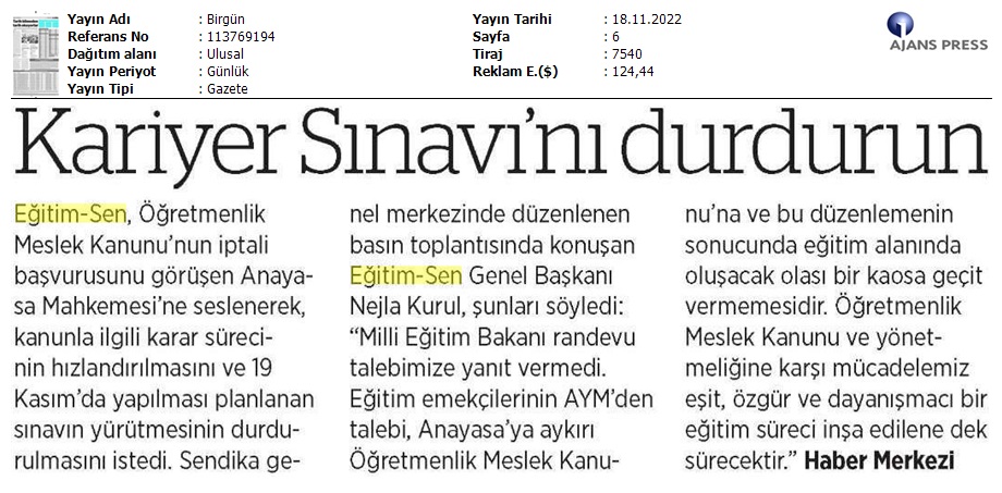 Kariyer Sınavını Durdurun / BirGün