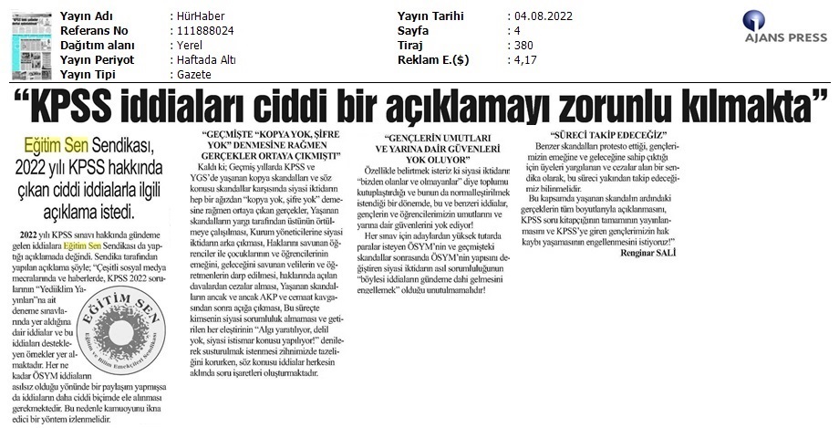"KPSS İddiaları Ciddi Bir Açıklamayı Zorunlu Kılmakta" / Hür Haber
