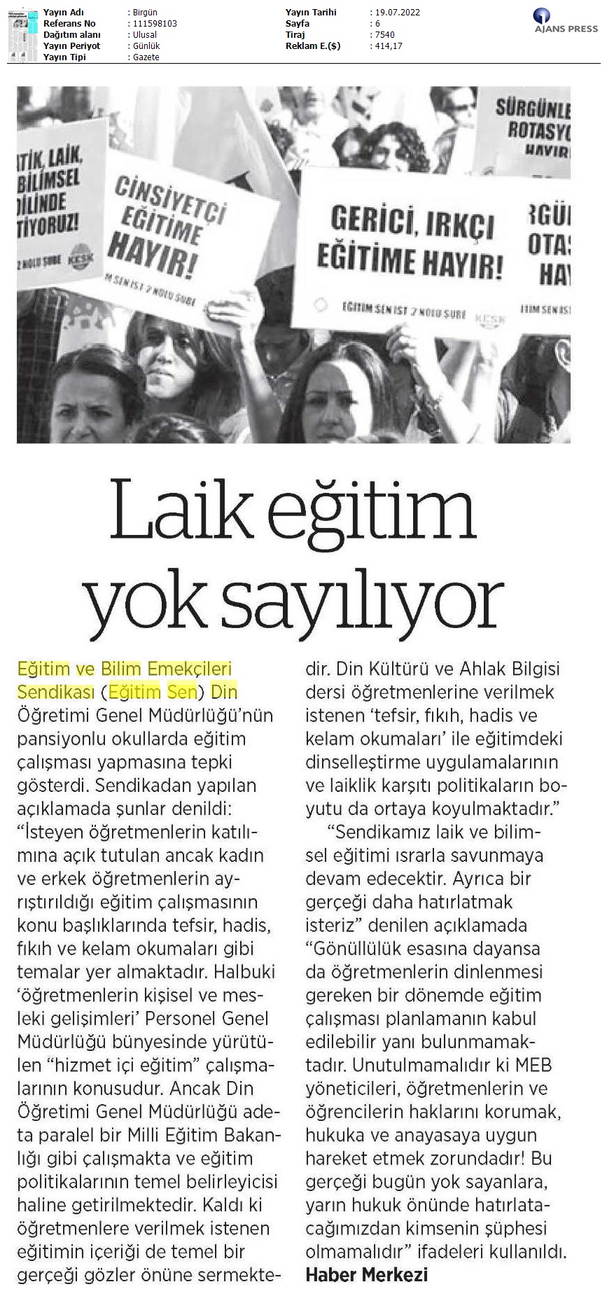 Laik Eğitim Yok Sayılıyor / BirGün
