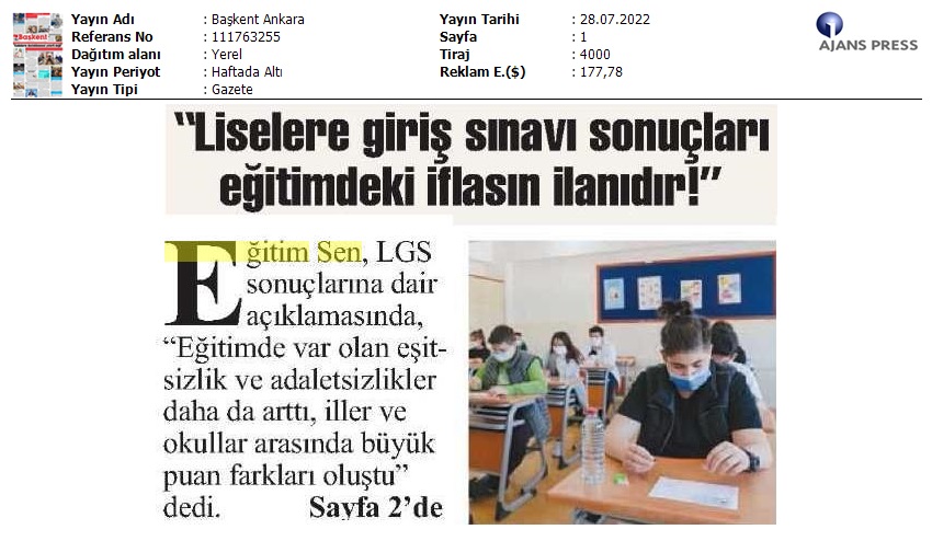 "Liselere Giriş Sınavı Sonuçları Eğitimdeki İflasın İlanıdır!" / Başkent Ankara