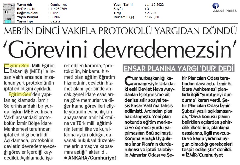 MEB'in Dinci Vakıfla Protokolü Yargıdan Döndü / Cumhuriyet