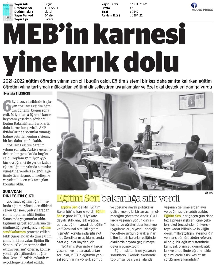 MEB'in Karnesi Yine Kırık Dolu / BirGün