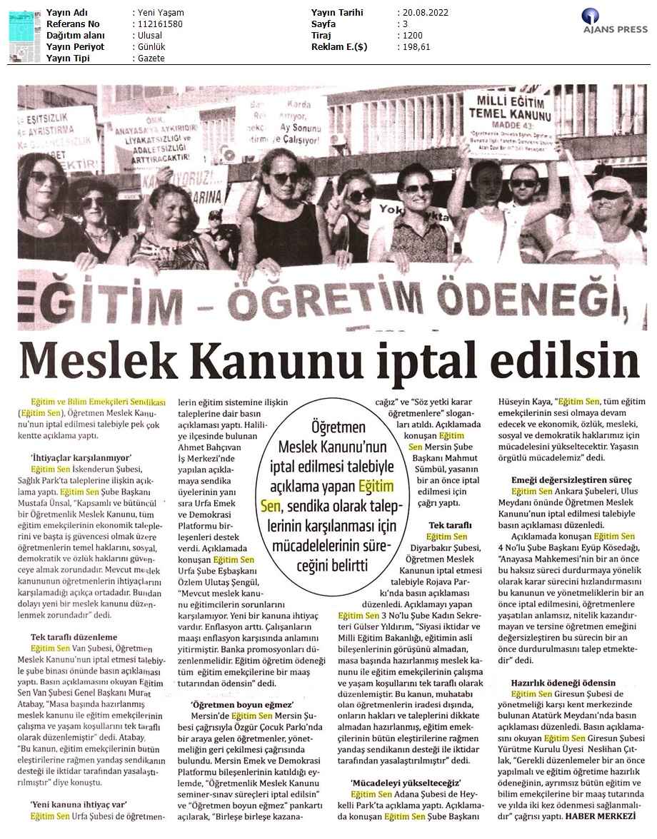 Meslek Kanunu İptal Edilsin / Yeni Yaşam