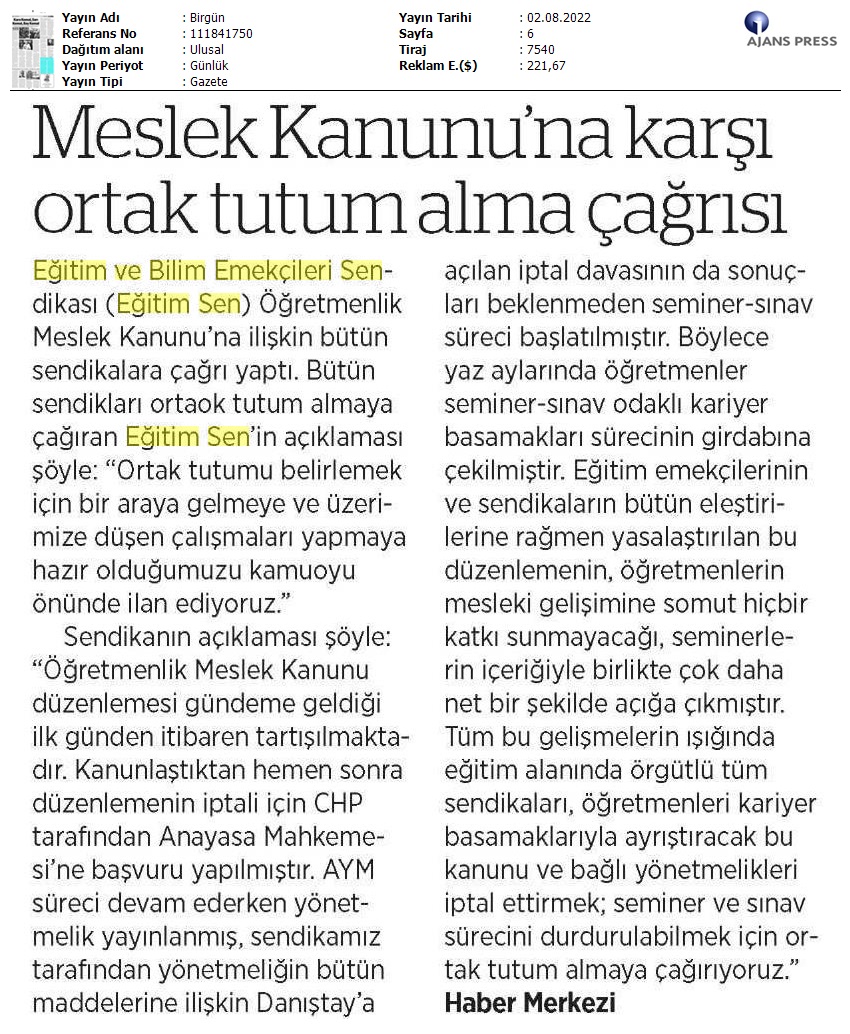 Meslek Kanunu'na Karşı Ortak Tutum Alma Çağrısı / BirGün
