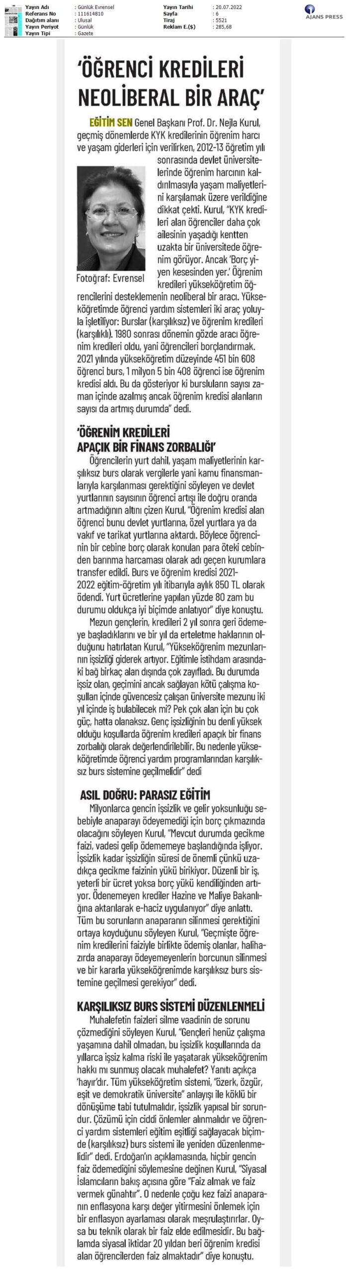 "Öğrenci Kredileri Neoliberal Bir Araç" / Evrensel