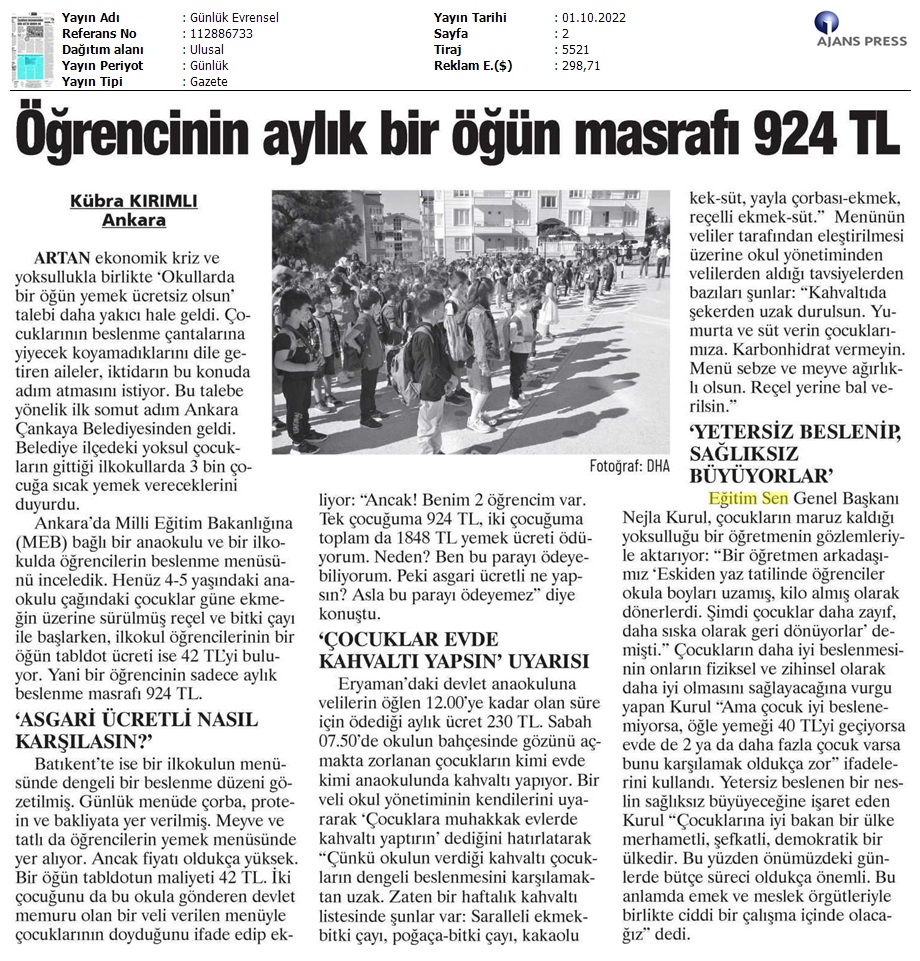 Öğrencinin Aylık Bir Öğün Masrafı 924 TL / Evrensel