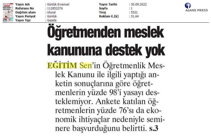 Öğretmenden Meslek Kanunu'na Destek Yok / Evrensel