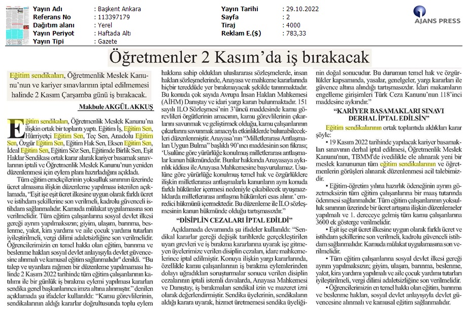 Öğretmenler 2 Kasım'da İş Bırakacak / Başkent Ankara