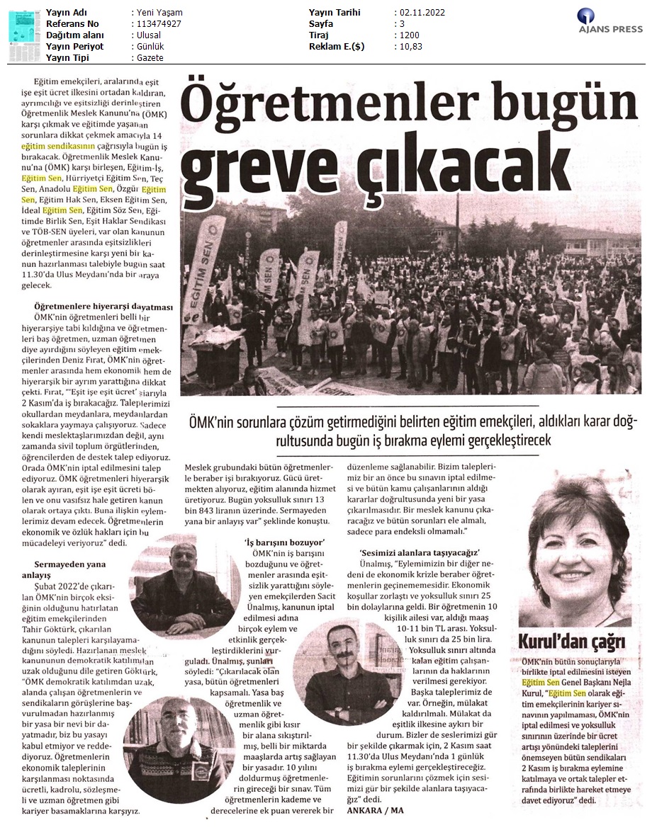 Öğretmenler Bugün Greve Çıkacak / Yeni Yaşam