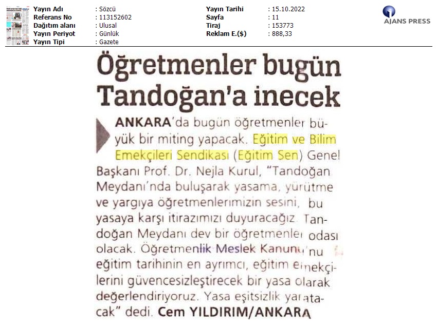 Öğretmenler Bugün Tandoğan'a İnecek / Sözcü