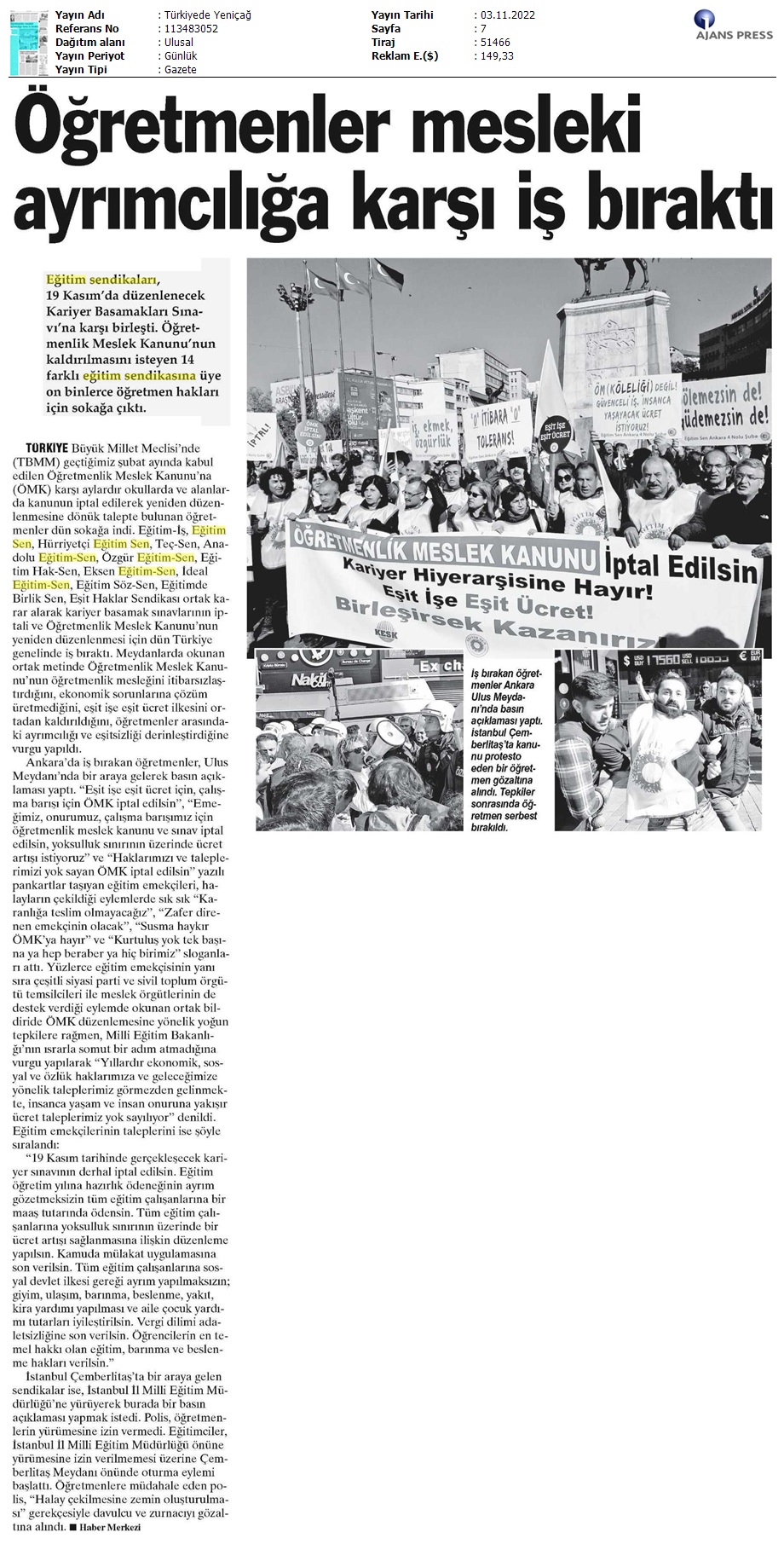 Öğretmenler Mesleki Ayrımcılığa Karşı İş Bıraktı / Türkiye'de Yeniçağ