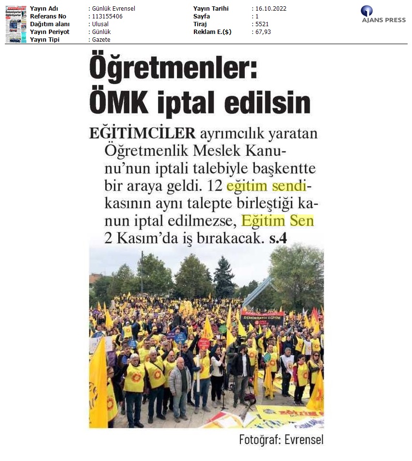Öğretmenler: ÖMK İptal Edilsin / Evrensel