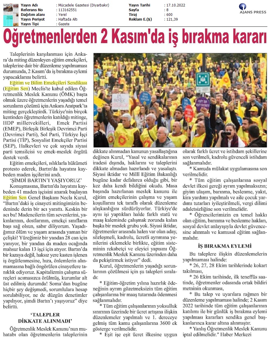 Öğretmenlerden 2 Kasım'da İş Bırakma Kararı / Mücadele Gazetesi