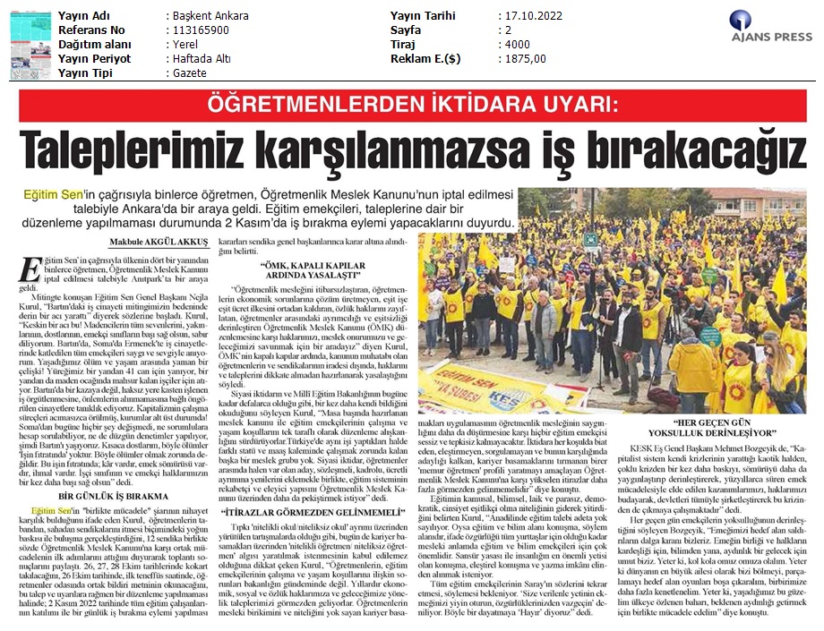 Öğretmenlerden İktidara Uyarı / Başkent Ankara