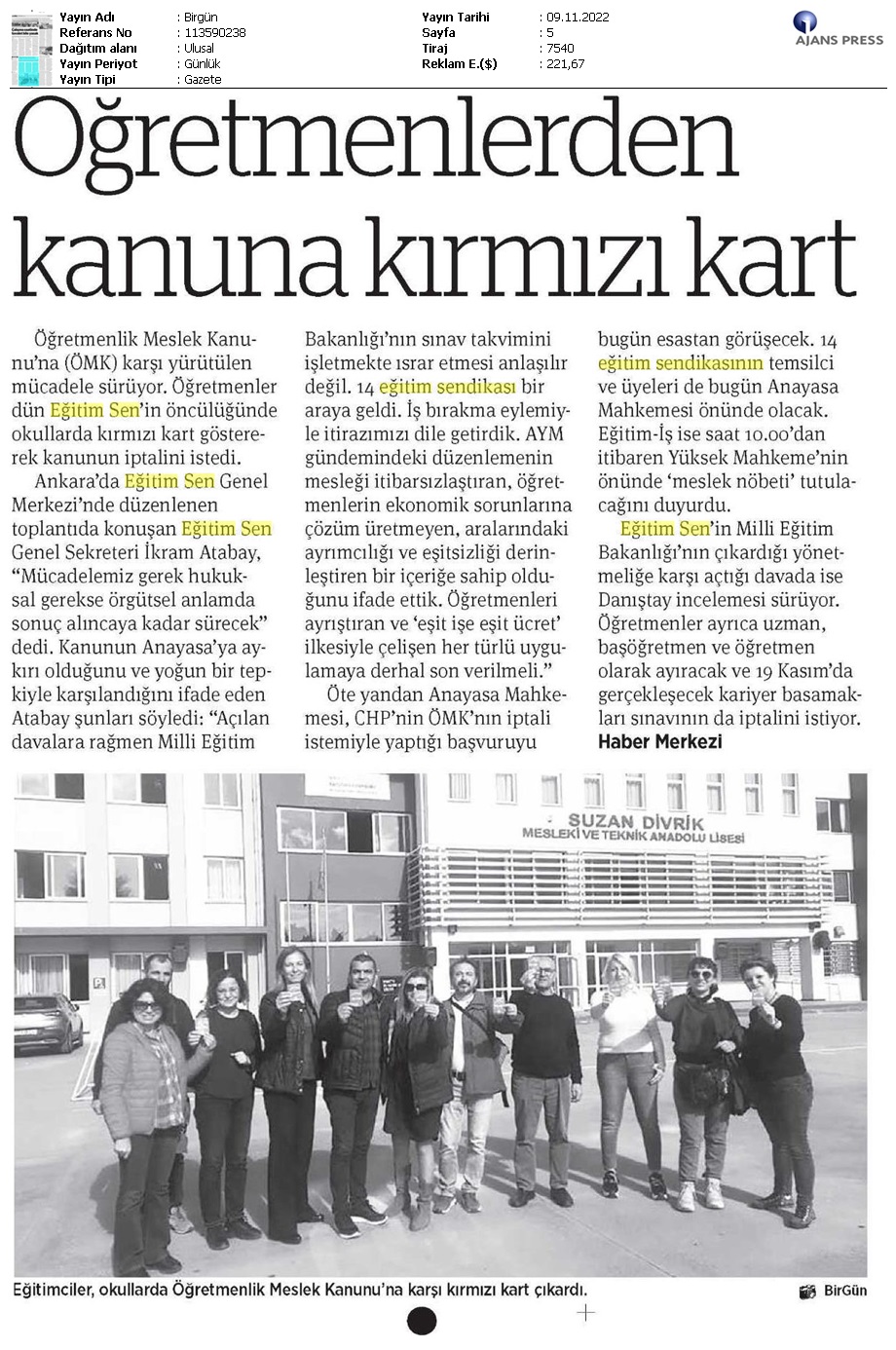 Öğretmenlerden Kanuna Kırmızı Kart / BirGün