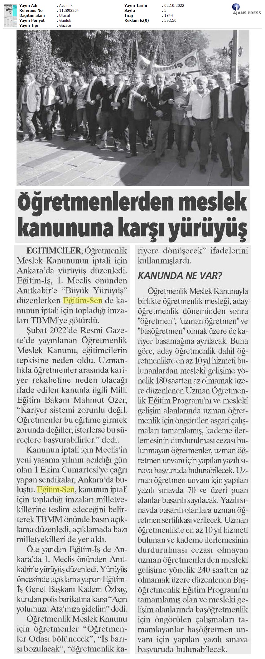 Öğretmenlerden Meslek Kanununa Karşı Yürüyüş / Aydınlık