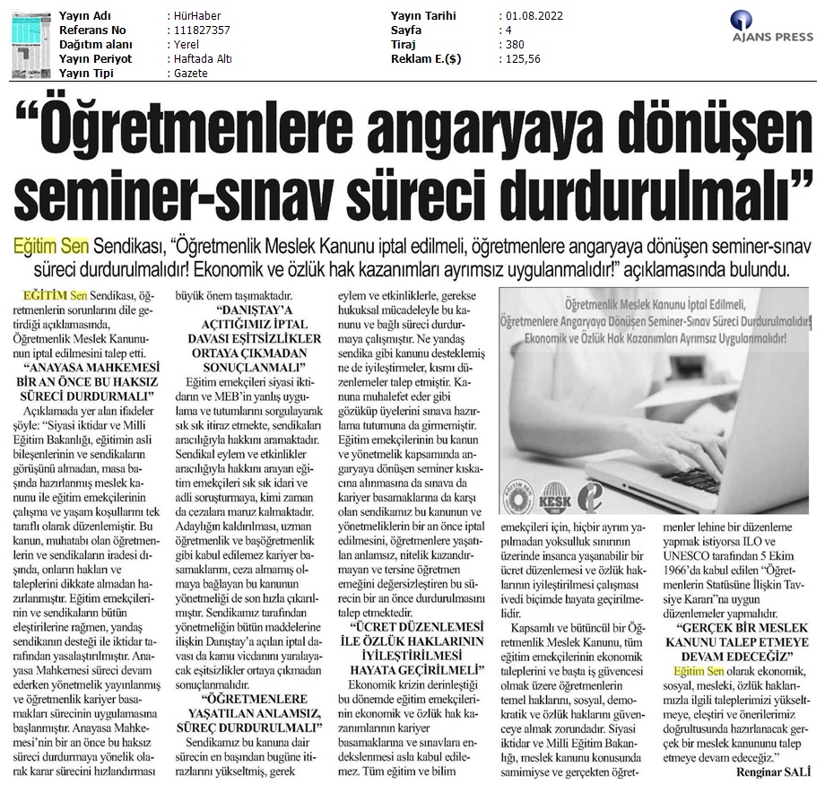 "Öğretmenlere Angaryaya Dönüşen Seminer-Sınav Süreci Durdurulmalı" / Hür Haber