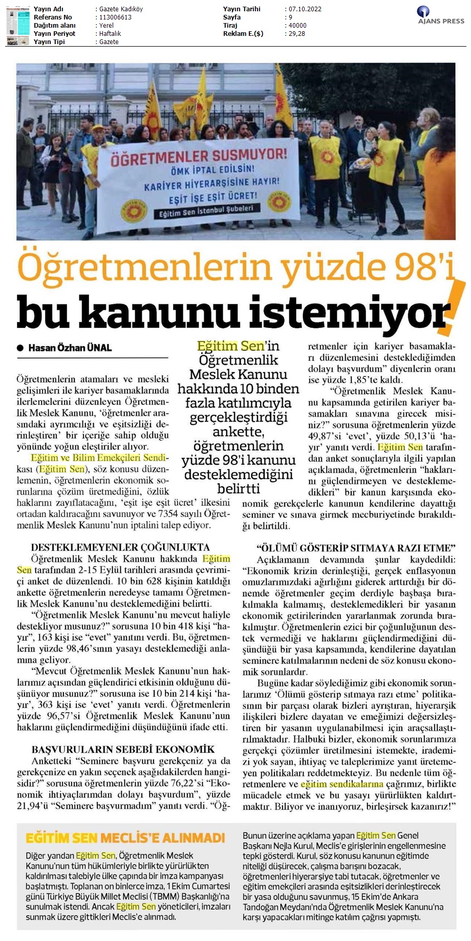 Öğretmenlerin Yüzde 98'i Bu Kanunu İstemiyor / Gazete Kadıköy