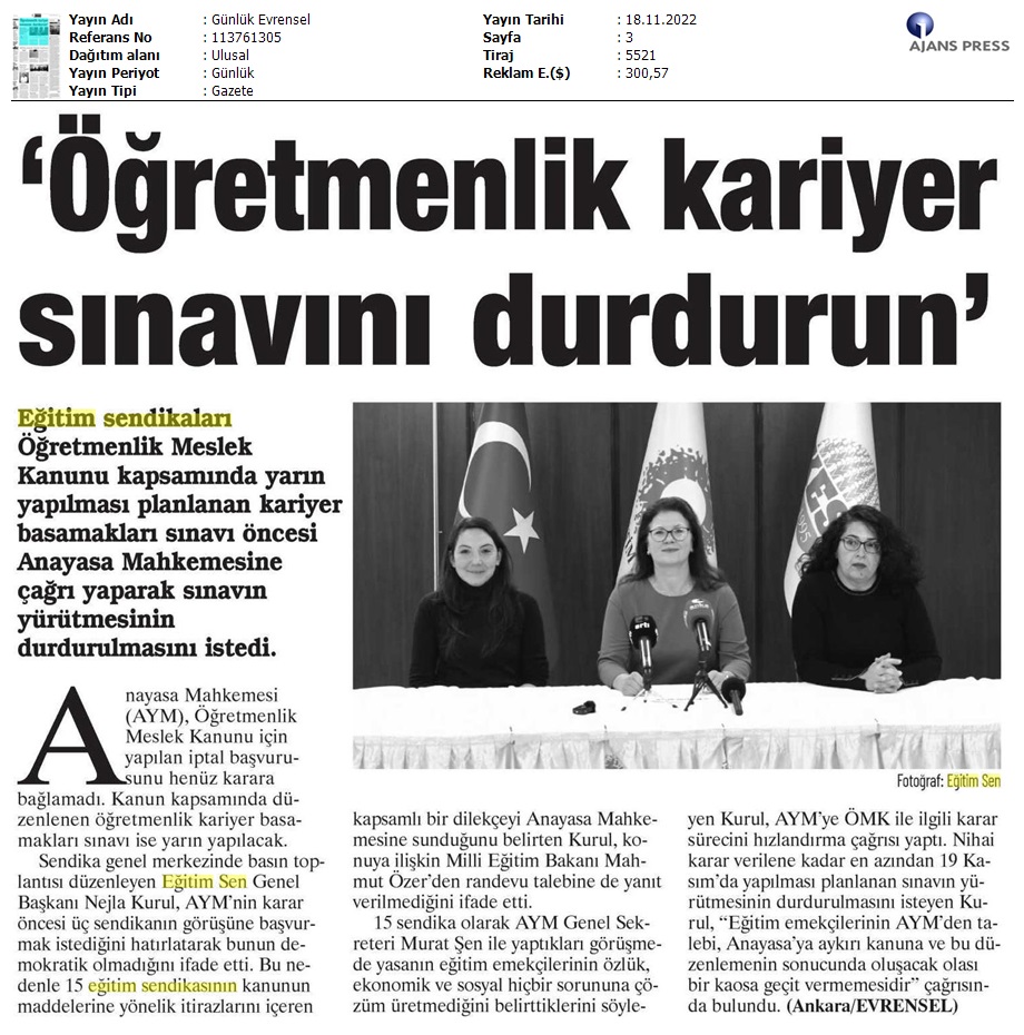 "Öğretmenlik Kariyer Sınavını Durdurun" / Evrensel